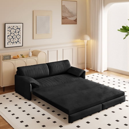 66" Futon Sofa Bed Queen Size, Pull Out Bed, 3-in-1 Convertible Sleeper Sofa with Side Pocket, Modern Velvet Futon Couch for Living Room, Small Space, Apartment, Bedroom, Black