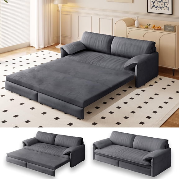 66" Futon Sofa Bed Queen Size, Pull Out Bed, 3-in-1 Convertible Sleeper Sofa with Side Pocket, Modern Velvet Futon Couch for Living Room, Small Space, Apartment, Bedroom, Grey