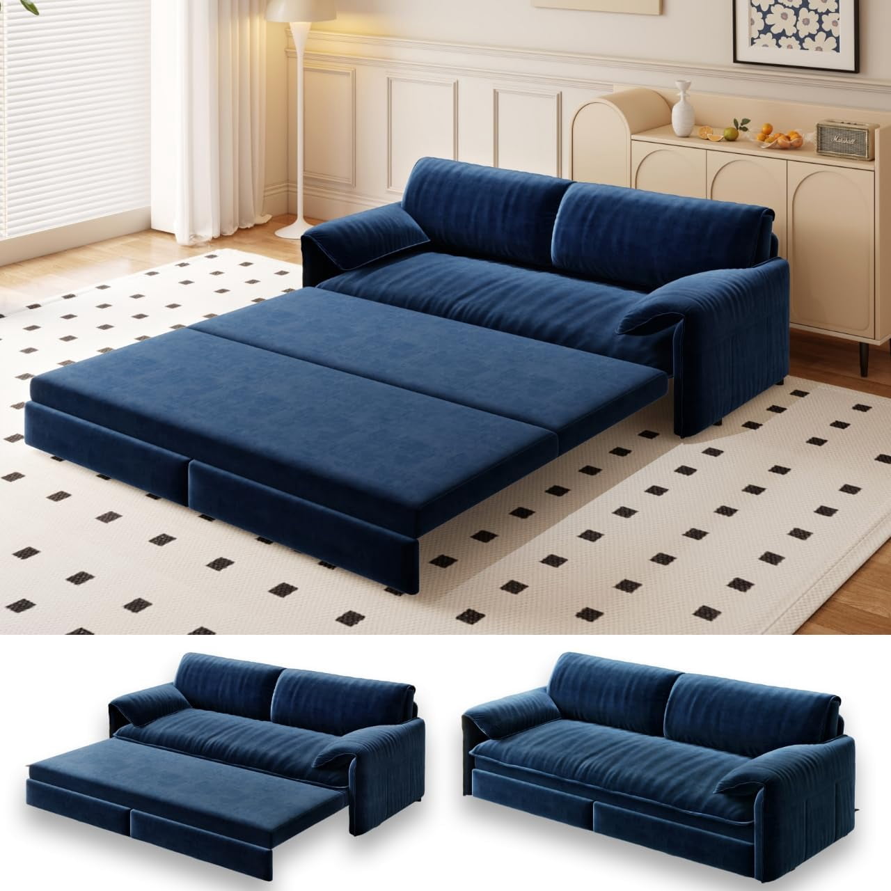 66" Futon Sofa Bed Queen Size, Pull Out Bed, 3-in-1 Convertible Sleeper Sofa with Side Pocket, Modern Velvet Futon Couch for Living Room, Small Space, Apartment, Bedroom, Blue