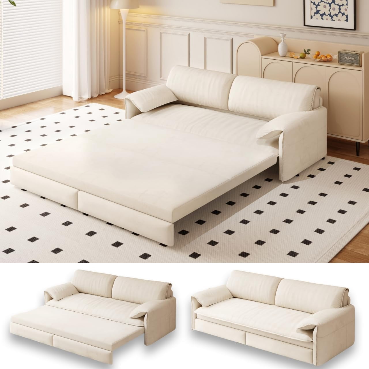 66" Futon Sofa Bed Queen Size, Pull Out Bed, 3-in-1 Convertible Sleeper Sofa with Side Pocket, Modern Velvet Futon Couch for Living Room, Small Space, Apartment, Bedroom, Beige