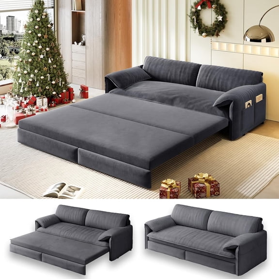 66" Futon Sofa Bed Queen Size, Pull Out Bed, 3-in-1 Convertible Sleeper Sofa with Side Pocket, Modern Velvet Futon Couch for Living Room, Small Space, Apartment, Bedroom, Grey