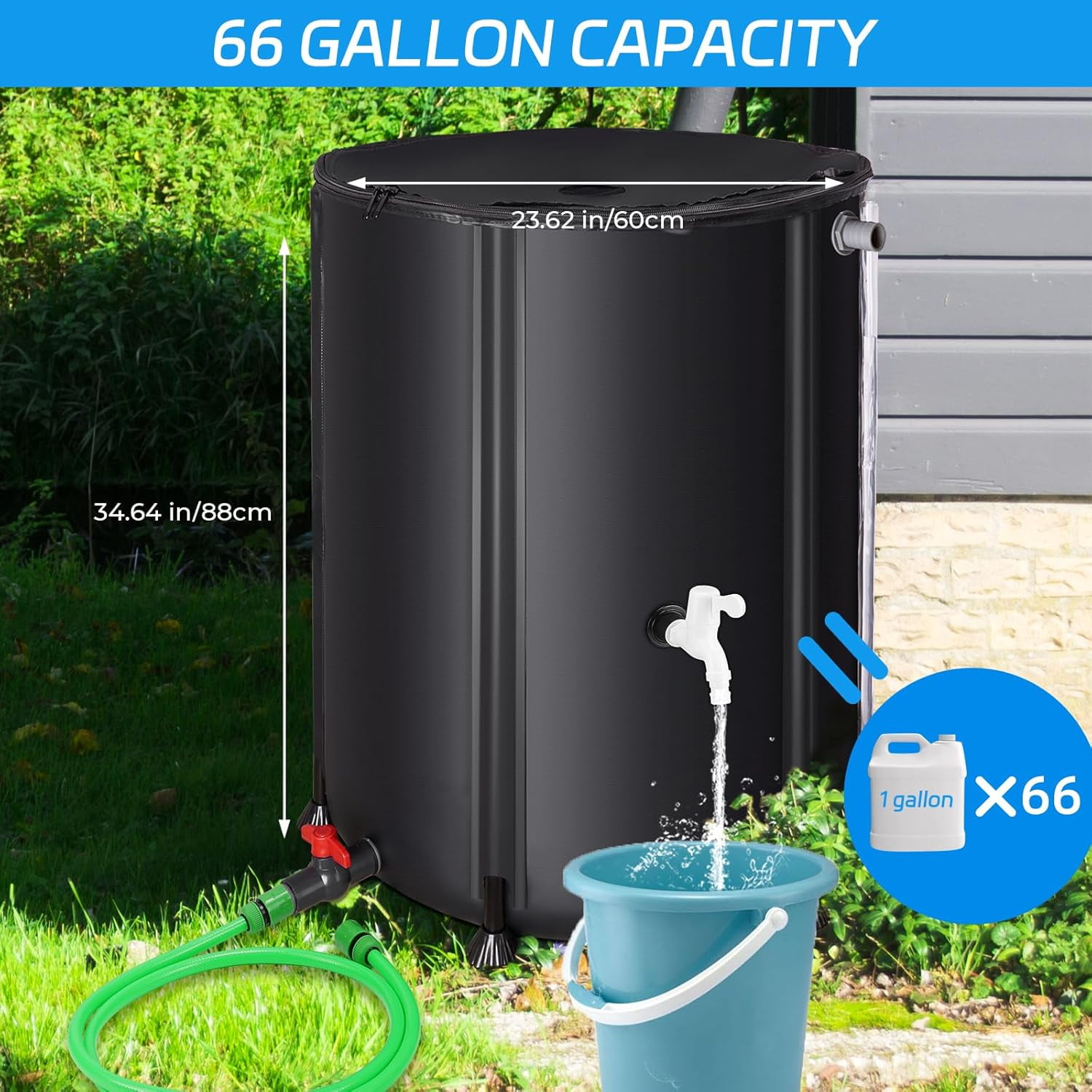 66 Gallon Rain  with Filter, Two Spigots, Overflow Kit - Portable Water Storage for Garden and Car Washing