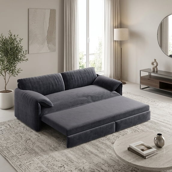 66" Grey Velvet Queen Pull-Out Sleeper Sofa Bed with Side Storage