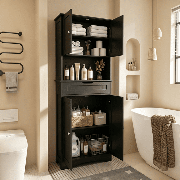 67"H Bathroom Cabinet Storage, Noelse Freestanding Linen Cabinet with Drawer and 4 Doors, Slim Narrow Organizer for Small Bathroom, Kitchen, Pantry, Black