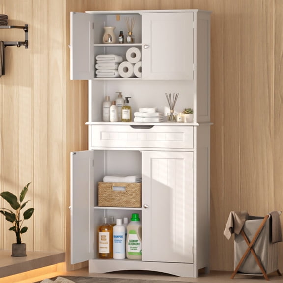 67"H Bathroom Cabinet Storage, Noelse Freestanding Linen Cabinet with Drawer and 4 Doors, Slim Narrow Organizer for Small Bathroom, Kitchen, Pantry, White