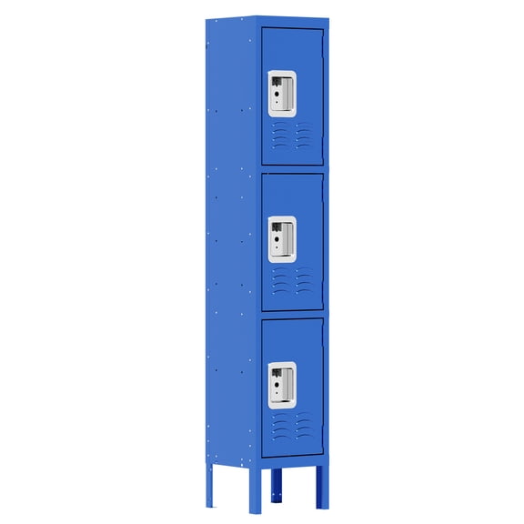 66"H Blue Metal Locker with 3 Doors: Durable Steel Storage for Employees, Gym, School, Office, Garage. Features individual compartments, ventilation, and hooks. Assembly required.