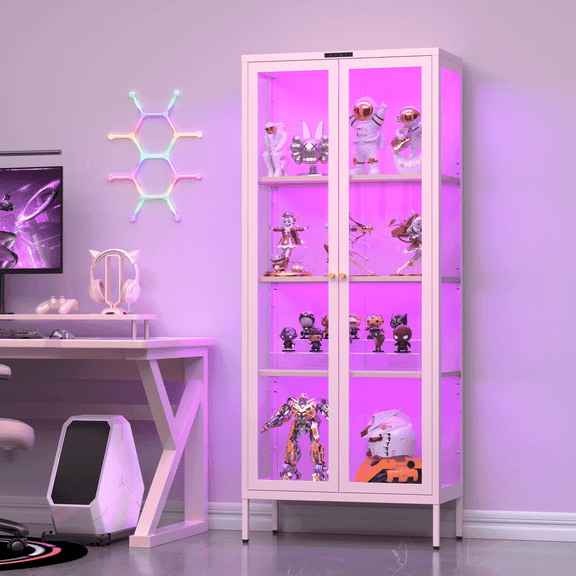 SteeLoong 66”H Modern Display Cabinet with Glass Doors,8 Color LED Lights,Human Body Sensor,4-Tier,3 Adjustable Shelves,Pink