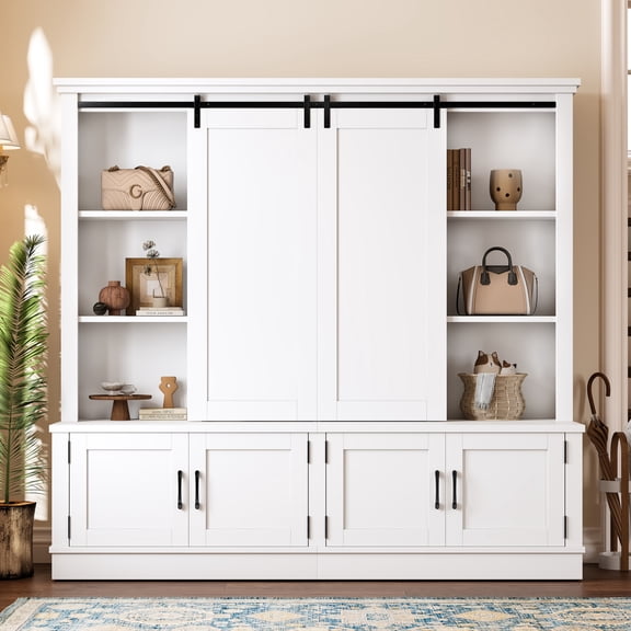 66"H Farmhouse Hall Tree with 2 Sliding Doors, Entryway Shoe Cabinet with Multi-Tiered Shelves, Storage Mudroom Organizer for Living Rooms, Hallways, White