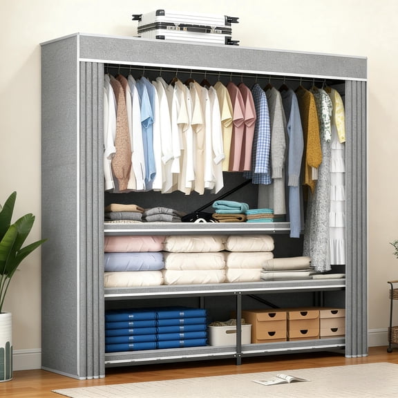 66" Heavy Duty Freestanding Fabric Wardrobe, Portable Garment Rack with 2 Hanging Rods, Shelves, Side Pockets & Dustproof Cover