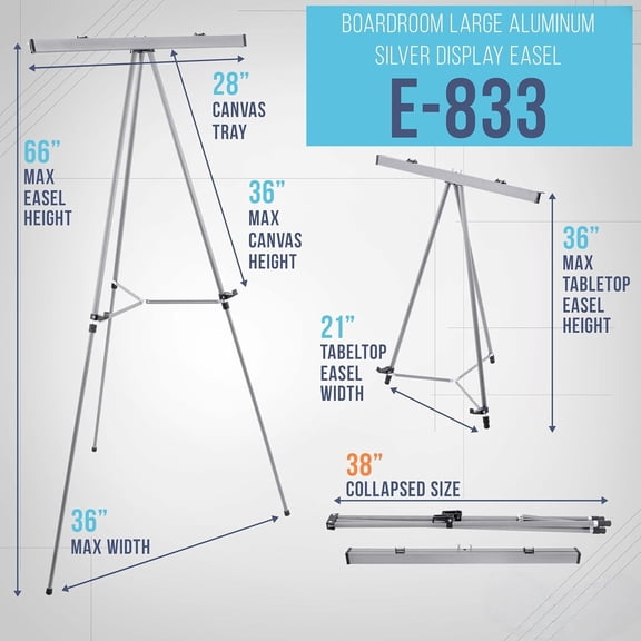 66" High Classroom Silver Aluminum Flip Chart Easel & Presentation Stand - Adjustable Floor/Tabletop, Portable Tripod, Holds 25 lbs., for Chart Paper, Poster Boards, & Pads