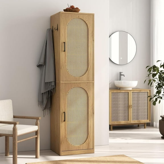 66-Inch Bathroom Storage Cabinet with Rattan Doors, Bath Room Organizer Floor Cabinets Brown