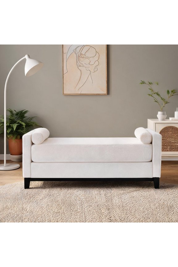 66-Inch Beige Sherpa Bench with Black Legs and Bolsters, 3-Seater for Bedroom or Entryway