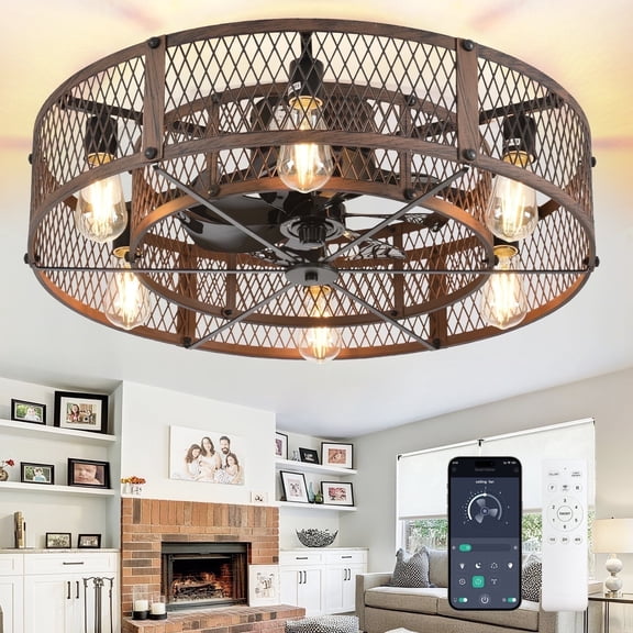 26-Inch Farmhouse Caged Ceiling Fan with Light, Remote & APP Control Quiet DC Motor E26 Bulbs Included Brown