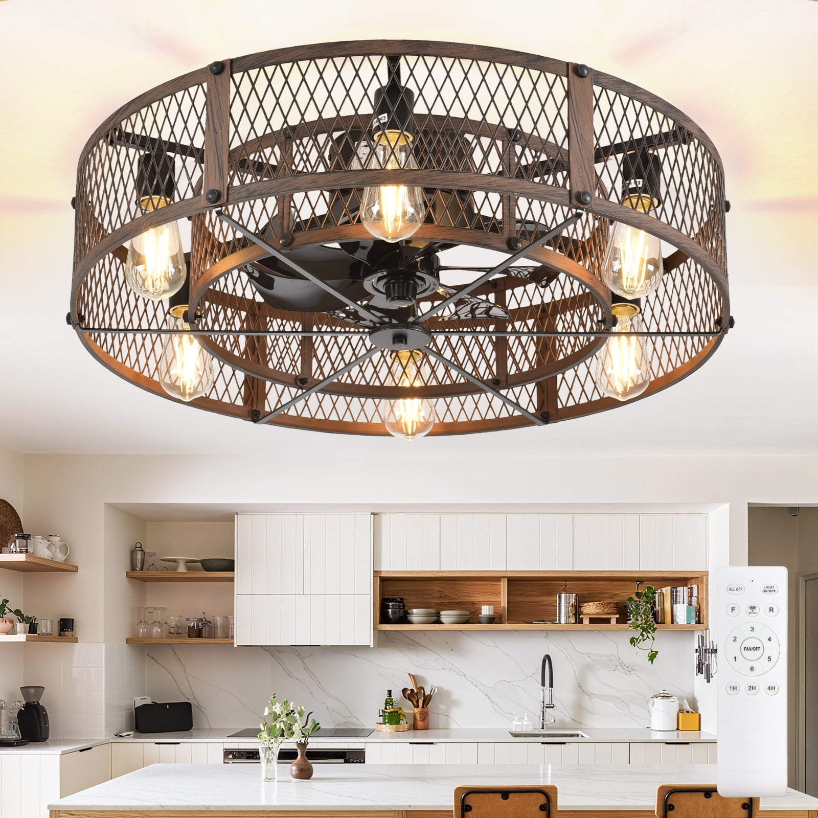 26-Inch Farmhouse Caged Ceiling Fan with Light, Reversible Ceiling Fan with Remote Control Quiet DC Motor 6 Speed Timer E26 Bulbs Not Included Brown