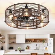 26-Inch Farmhouse Caged Ceiling Fan with Light, Reversible Ceiling Fan with Remote Control Quiet DC Motor 6 Speed Timer E26 Bulbs Not Included Brown