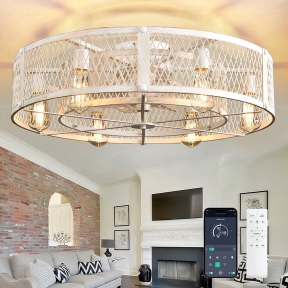 26-Inch Farmhouse Caged Ceiling Fan with Light, Remote & APP Control Quiet DC Motor E26 Bulbs Included Cement