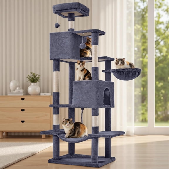 66 Inch Cat Tree Tower, Multi Level Cat Climbing Tower with Natural Sisal Scratching Posts, Hammock, Pet Condo for Indoor Cats and Kittens Play, Dark Grey