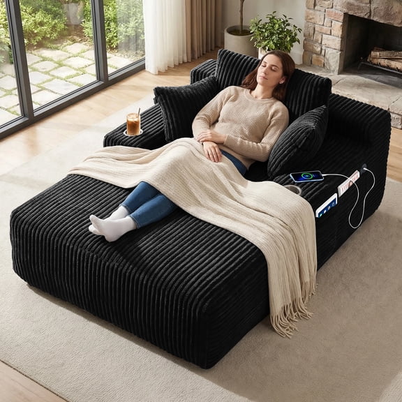 66 Inch Chaise Lounge Chair for Indoor Use, Oversized Corduroy Upholstered Boneless Sofa Bed, Deep Seat Sleeper Couch, No Assembly Required，800lb Support black
