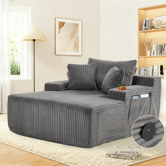 66 Inch Chaise Lounge Chair for Indoor Use, Oversized Corduroy Upholstered Boneless Sofa Bed, Deep Seat Sleeper Couch, No Assembly Required,800lb Support gray