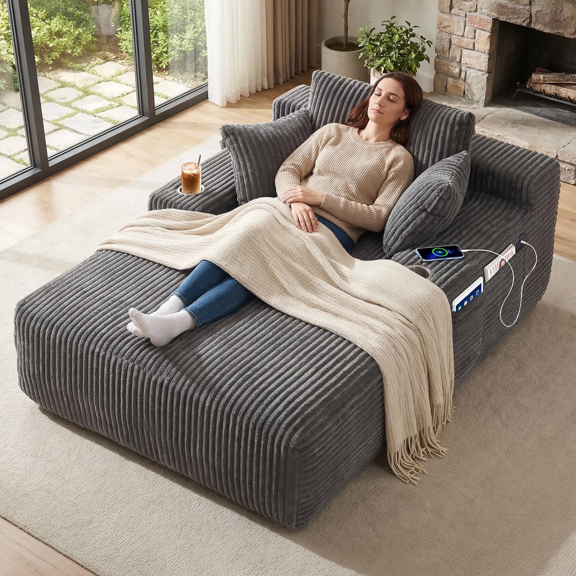 66 Inch Chaise Lounge Chair for Indoor Use, Oversized Corduroy Upholstered Boneless Sofa Bed, Deep Seat Sleeper Couch, No Assembly Required，800lb Support gray