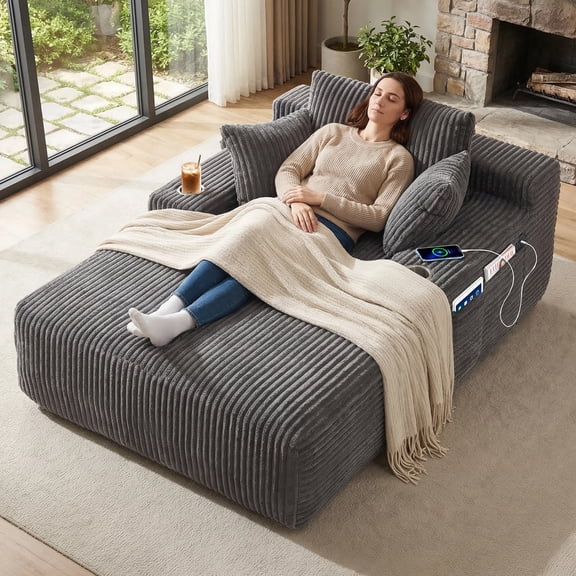 66 Inch Chaise Lounge Chair for Indoor Use, Oversized Corduroy Upholstered Boneless Sofa Bed, Deep Seat Sleeper Couch, No Assembly Required,800lb Support gray