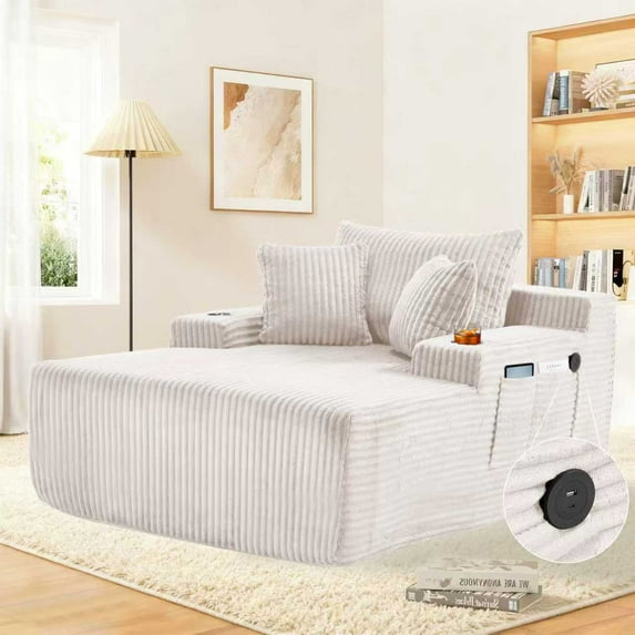66 Inch Chaise Lounge Chair for Indoor Use, Oversized Corduroy Upholstered Boneless Sofa Bed, Deep Seat Sleeper Couch, No Assembly Required,800lb Support white