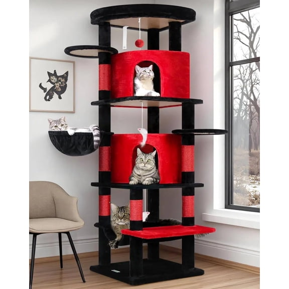 66 Inch Gothic Corner Cat Tree for Indoor Large Cats in Black and Red