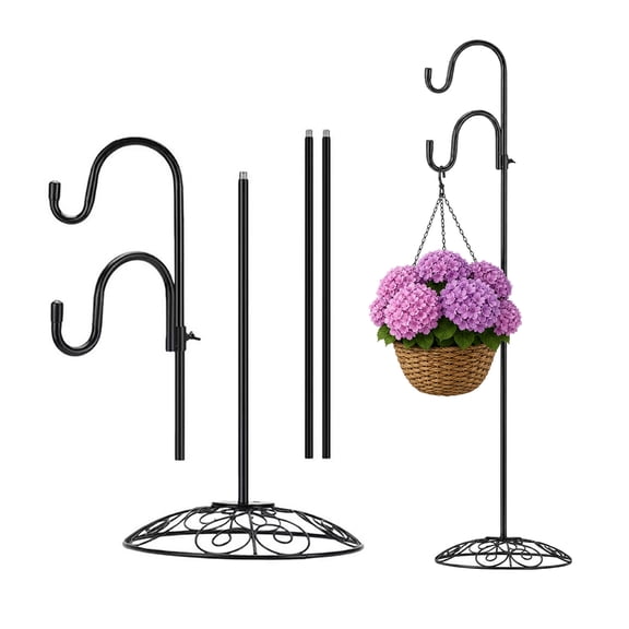 66 Inch Heavy Duty Double Hook Shepherd Hook, Adjustable Wrought Iron Outdoor Plant Stand with Scroll Base, Black Hanging Stand for Bird Feeder, Lantern, Basket