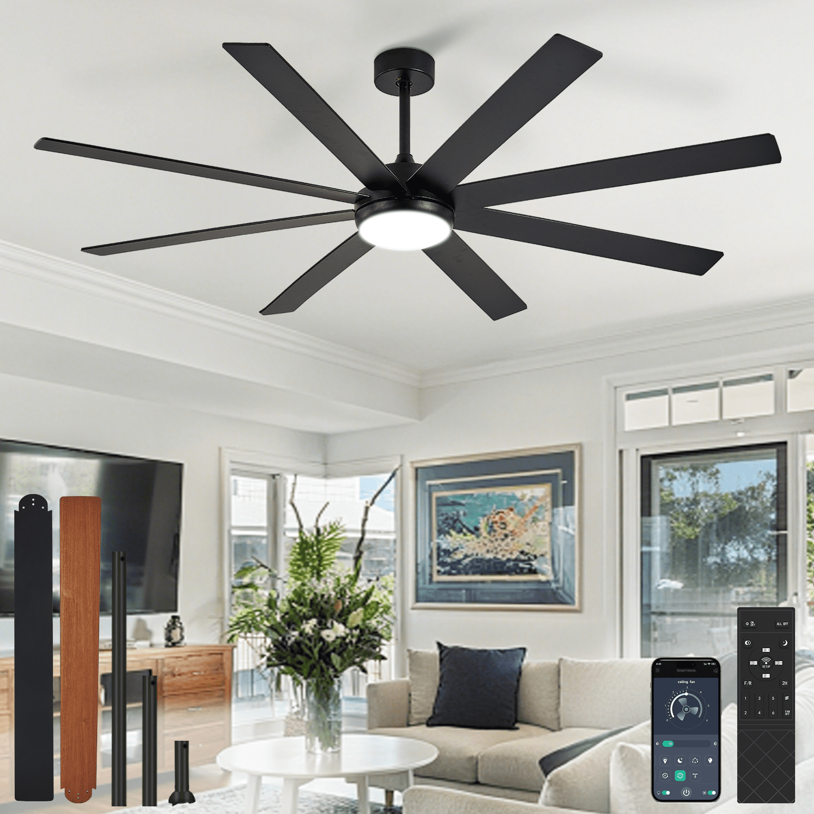 Depuley 66-Inch Indoor/Outdoor Ceiling Fan with Light - 8-Blade in Black Walnut, Remote & App Control, Dimmable 3CCT LED, Quiet DC Motor​