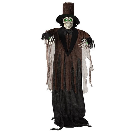 66 Inch Light Up Standing Skeleton Halloween Decoration with Glowing Green Eyes and Tattered Suit
