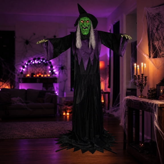 66-Inch Light-Up Standing Witch Halloween Prop with Glowing LED Eyes for Haunted Yard & Porch Decor