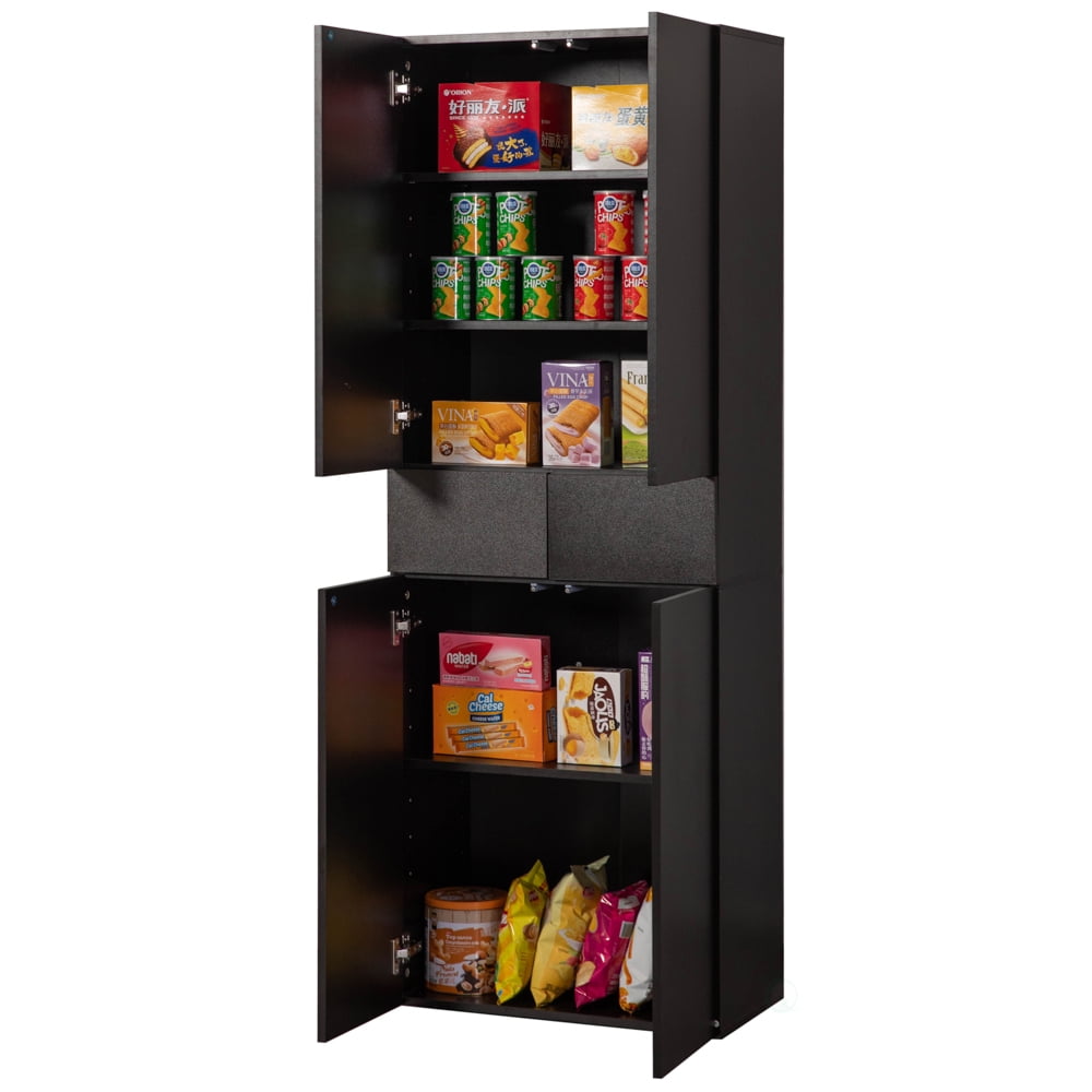 Black Wood 66" Kitchen Pantry Cabinet with Adjustable Shelves and Drawer