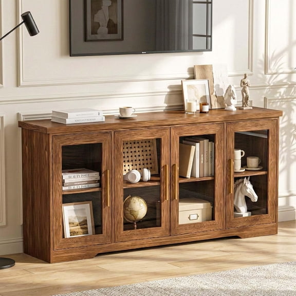 66-Inch Rustic Brown Farmhouse Buffet Sideboard with Glass Doors and Adjustable Shelves