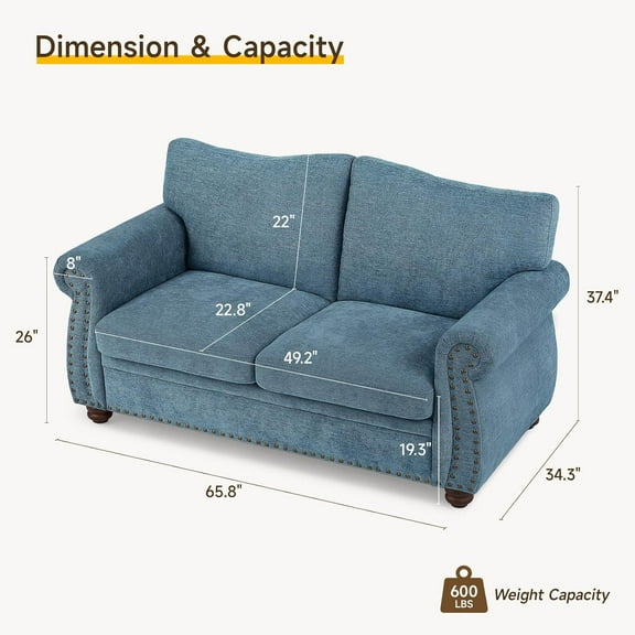 66 Inch Small Chenille Sofa with Rolled Arms, Farmhouse Style Teal Loveseat for Living Room