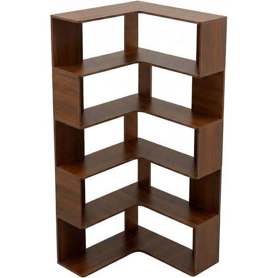 66-Inch Tall 6-Tier L-Shaped Corner Bookshelf with Baffle, Walnut Freestanding Display Bookcase for Living Room or Office