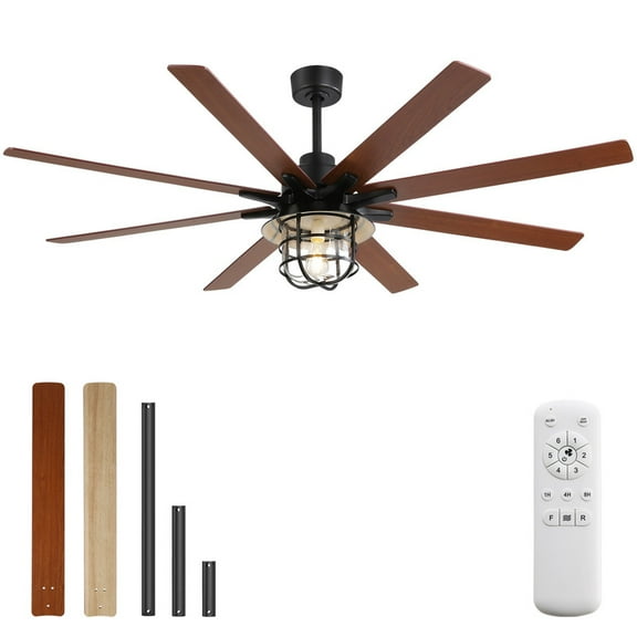 66"Industrial Ceiling Fan With Light & Remote 6 Speed Wind 8 Blades Remote Control Reversible DC Motor