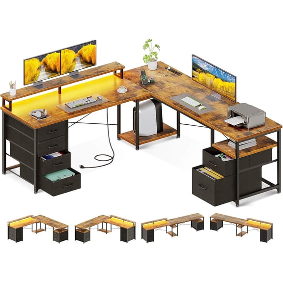 66" L-Shaped Computer Desk with File Cabinet, 4 Fabric Drawers, Built-in Power Outlet & LED Light Strip, Monitor Shelf