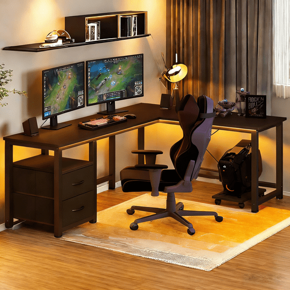 Computer Desk, Lofka 66"L Shaped Gaming Desk with Drawers, Power Outlets and Shelf for Home Office, Black