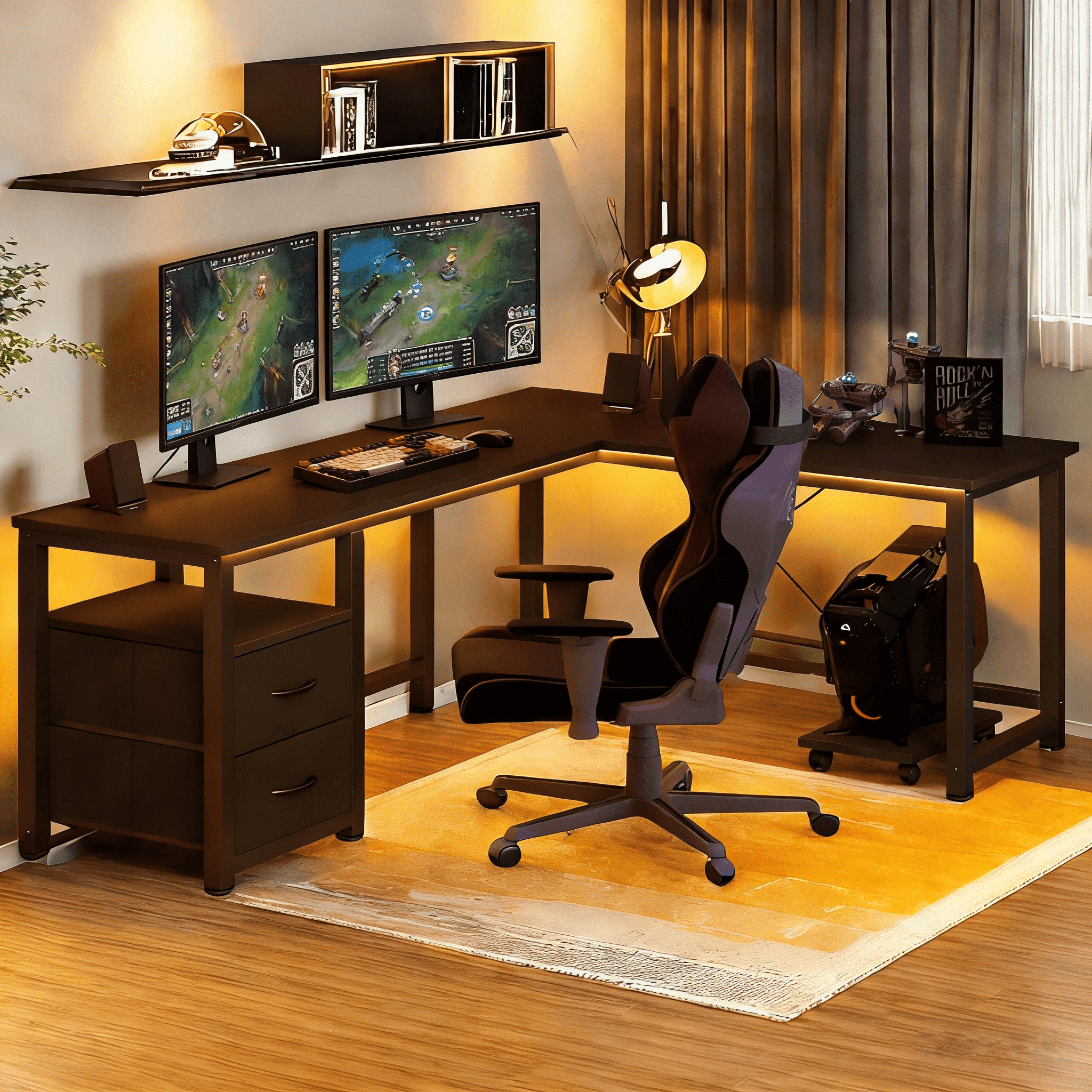 Desk, Lofka 66 Inch L Shaped Home Office Desk with 2 Drawers and Charging Station, Black