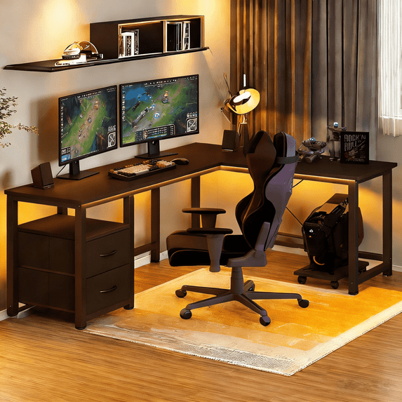 Computer Desk, Lofka 66"L Shaped Gaming Desk with Drawers, Power Outlets and Shelf for Home Office, Black