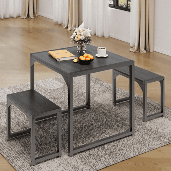Compact Dining Table Set for 2 with 2 Stools, 25.6 inch Space-Saving Design - Metal Frame & Wood Top for Small Kitchens, Breakfast Nook - Black