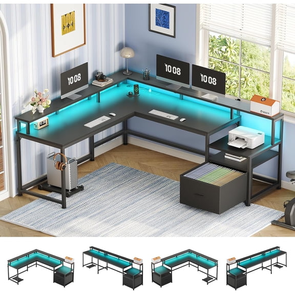 66" L Shaped Desk with Power Outlet, Reversible Home Office Computer Desk with File Drawer & Monitor Shelf, Storage Shelves, LED Lights for Corner Small Spaces, Black