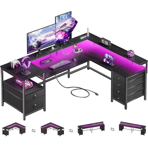 66'' L Shaped Gaming Desk with 6 Drawers, LED, Outlets, Black | Reversible Large Corner Computer Desk with Printer Storage Shelves, LED Lights, Monitor Stand for Home Office, Working Study