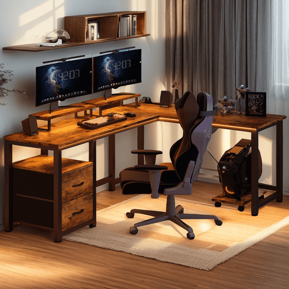 66" L Shaped Gaming Desk with Monitor and CPU Stands, Power Outlets, Computer Desk with Drawers for Office, Retro Brown