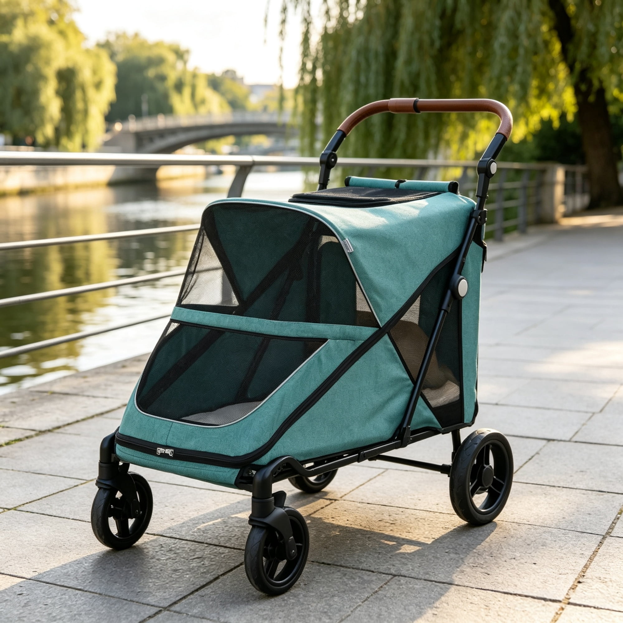 66 LBS Capacity Teal Pet Stroller for Large Dogs, All-Terrain Spring Suspension, 8-Position Adjustable Handle