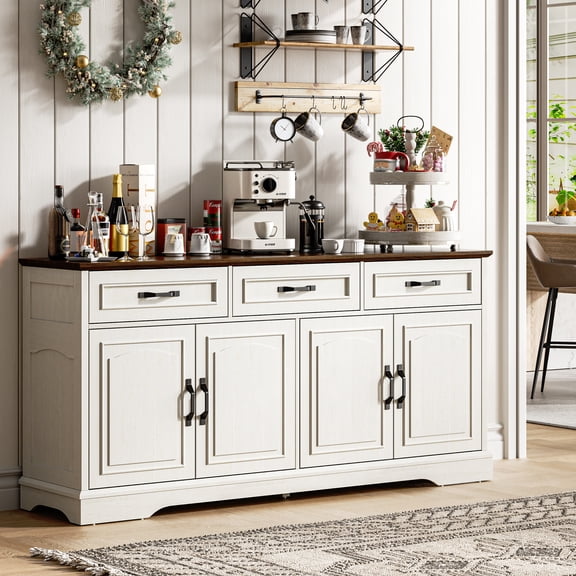 66" Large Farmhouse Sideboard Buffet Cabinet, with 3 Drawers, 4 Doors & Adjustable Shelves for Dining Room Living Room