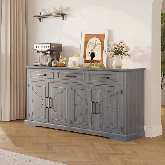 66" Modern Farmhouse Sideboard Buffet Cabinet with Storage, Embossed 3 Drawers and 4 Doors Storage Cabinet, Large Coffee Bar Station for Dining Room Kitchen Living Room Brown/Dark Grey/White