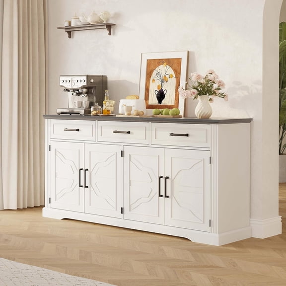 66" Modern Farmhouse Sideboard Buffet Cabinet with Storage, Embossed 3 Drawers and 4 Doors Storage Cabinet, Large Coffee Bar Station for Dining Room Kitchen Living Room Brown/Dark Grey/White