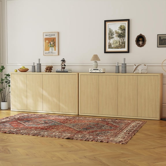 66" Modern Fluted 4-Door Buffet Cabinet with Adjustable Shelves Oak Finish Sideboard for Dining Room, Kitchen, Living Room & Entryway - Oak