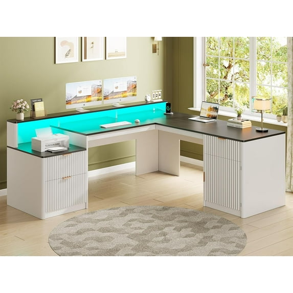 66" Modern L Shaped Computer Desk with 3 Drawers and Storage Cabinet, Fluted Home Office Desk with Led Lights, Wood Executive Desk